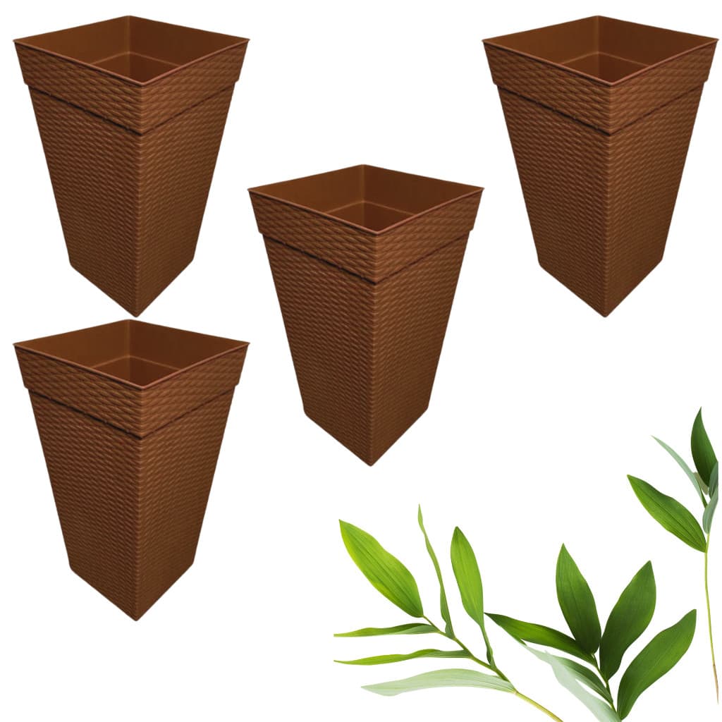 KIT Vaso Grande Rattan Quadrado 28 L Flores Plantas - 4 pçs Marron