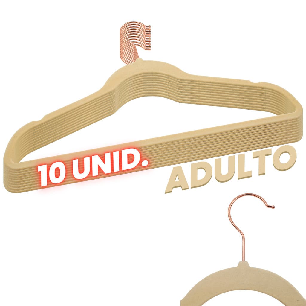 Kit 10 Cabides Veludo Bege Gancho Rose Antideslizante 45cm