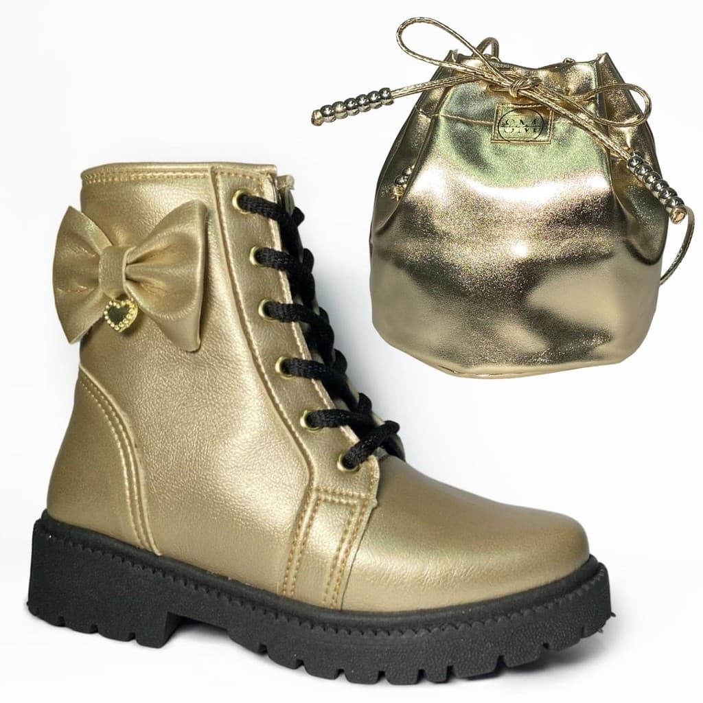Kit Bota E Bolsa Laço Dourado Infantil Menina 20 Ao 34