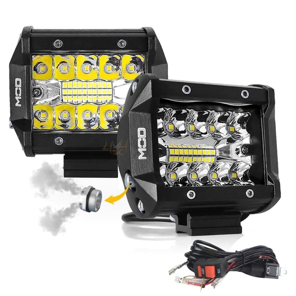 Par Farol Milha Led Automotivo Mod LEDs 60W 6500K Lente 8D Foco Spot e Flood 9,5cm Com Chicote Moto