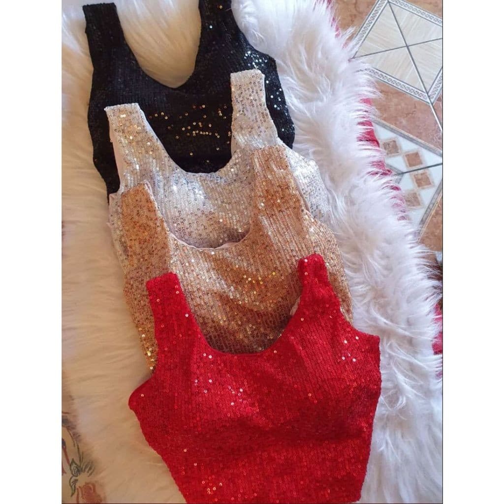 Blusa Cropped Regata Regatinha Top Alcinha Paetê Brilho Simples Com Bojo Datas Comemorativas