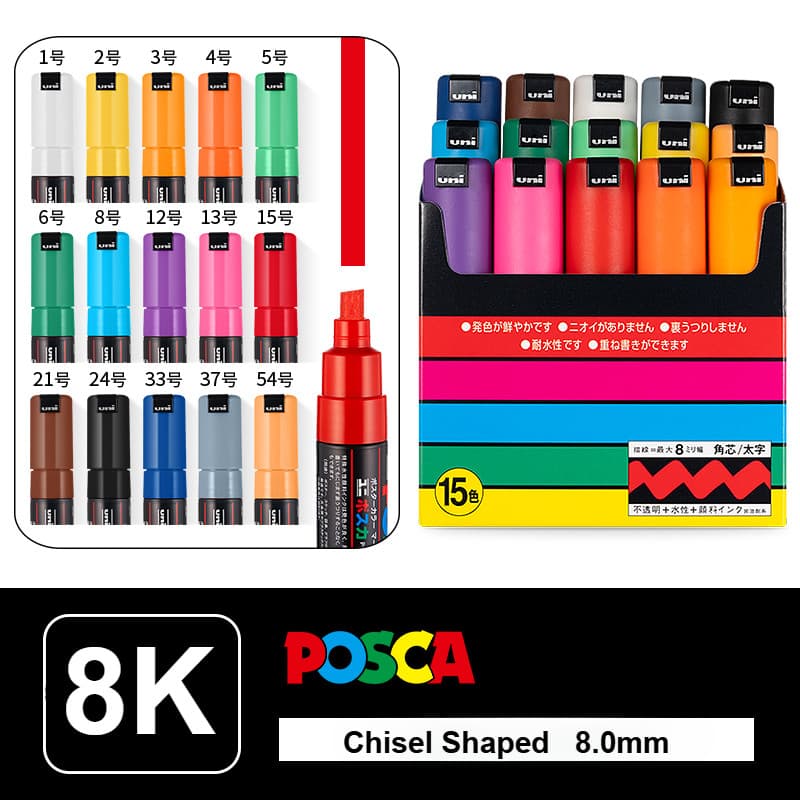 UNI POSCA PC-8K Marcador De Tinta Acrílica Art POP Pontas Largas 8mm Caneta Cinzel Materiais De Arte Marcadores Largos