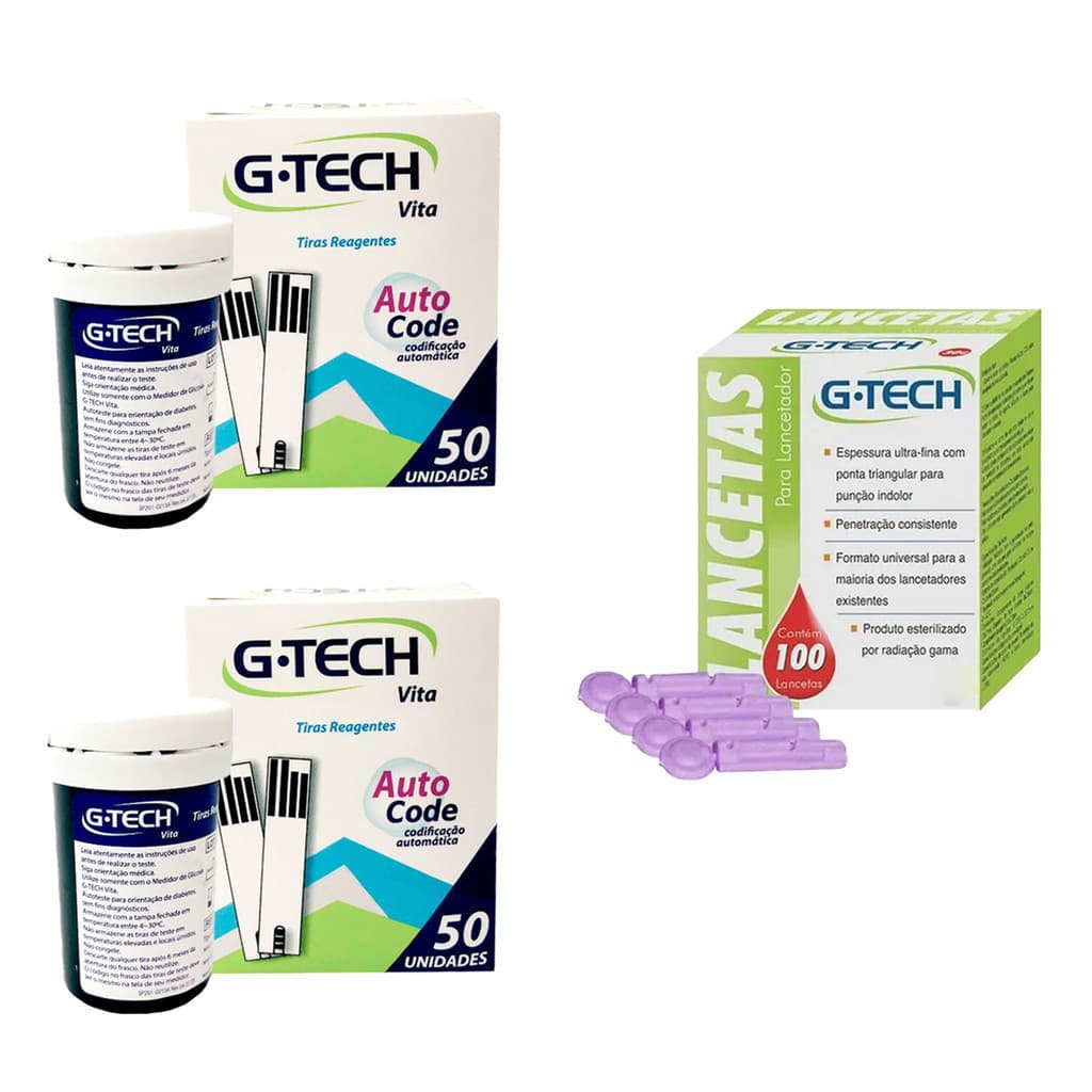 100 Fitas Tiras Reagentes G-tech VITA Glicemia +100 Lancetas