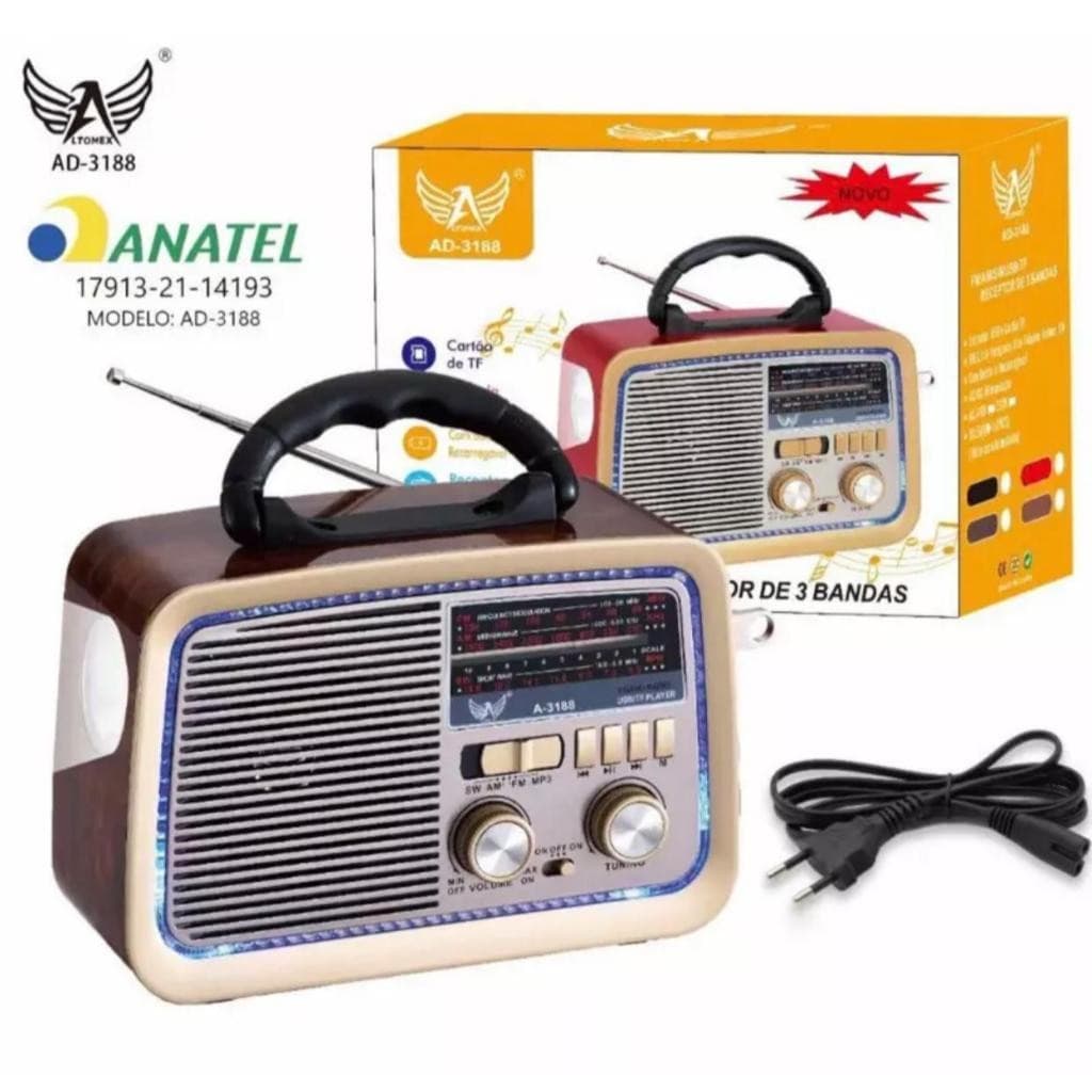 Radio Retrô – USB, Cartão de Memória, Recarregável, 3 Bandas, bluetooth e lanterna AUTOMEX AD3188
