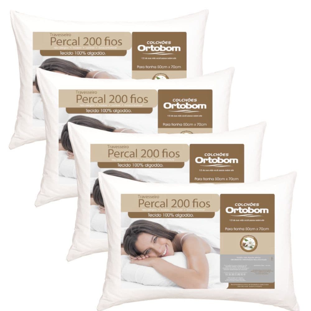 Travesseiro Ortobom 200 Fios 50x70cm 100% Algodão Antialérgico Macio Perfil Alto