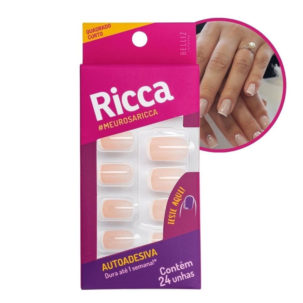 Unhas Postiças Francesinha Rosa Autoadesiva Quadrada Curta 24 Unhas Ricca