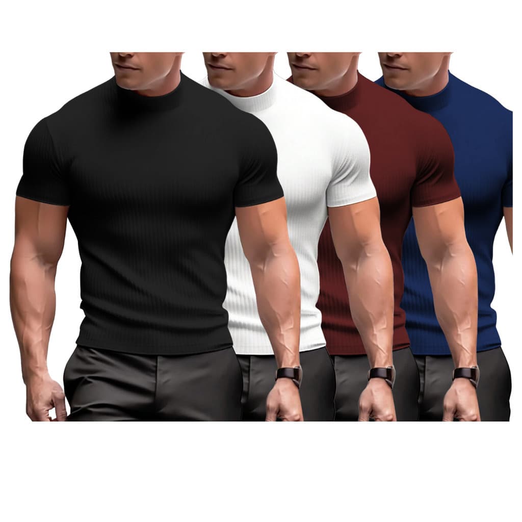Kit 4 Camisetas Masculinas Caneladas Gola Alta Manga Curta Slim Malha Canelada Blusa Básica Lisa Premium