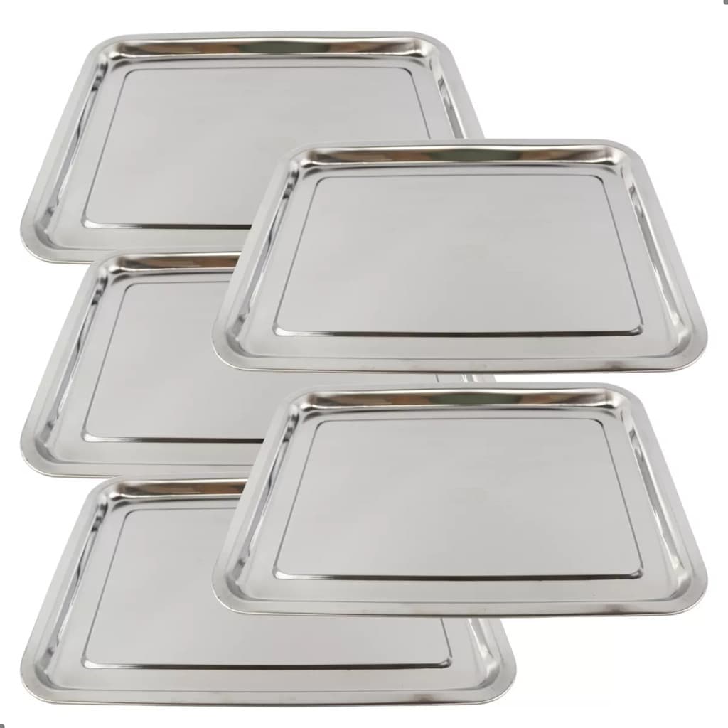 Kit 5 Bandejas Aço Inox Retangular Rasa Multi Uso 40 X 30 Cm