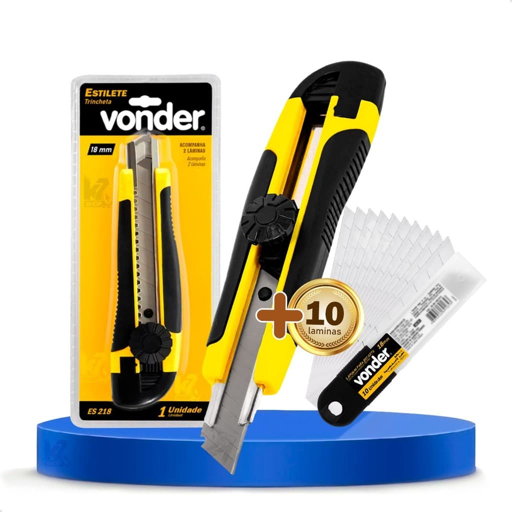 Estilete Profissional Vonder 18mm Emborrachado 2 Laminas + Kit 10 Laminas