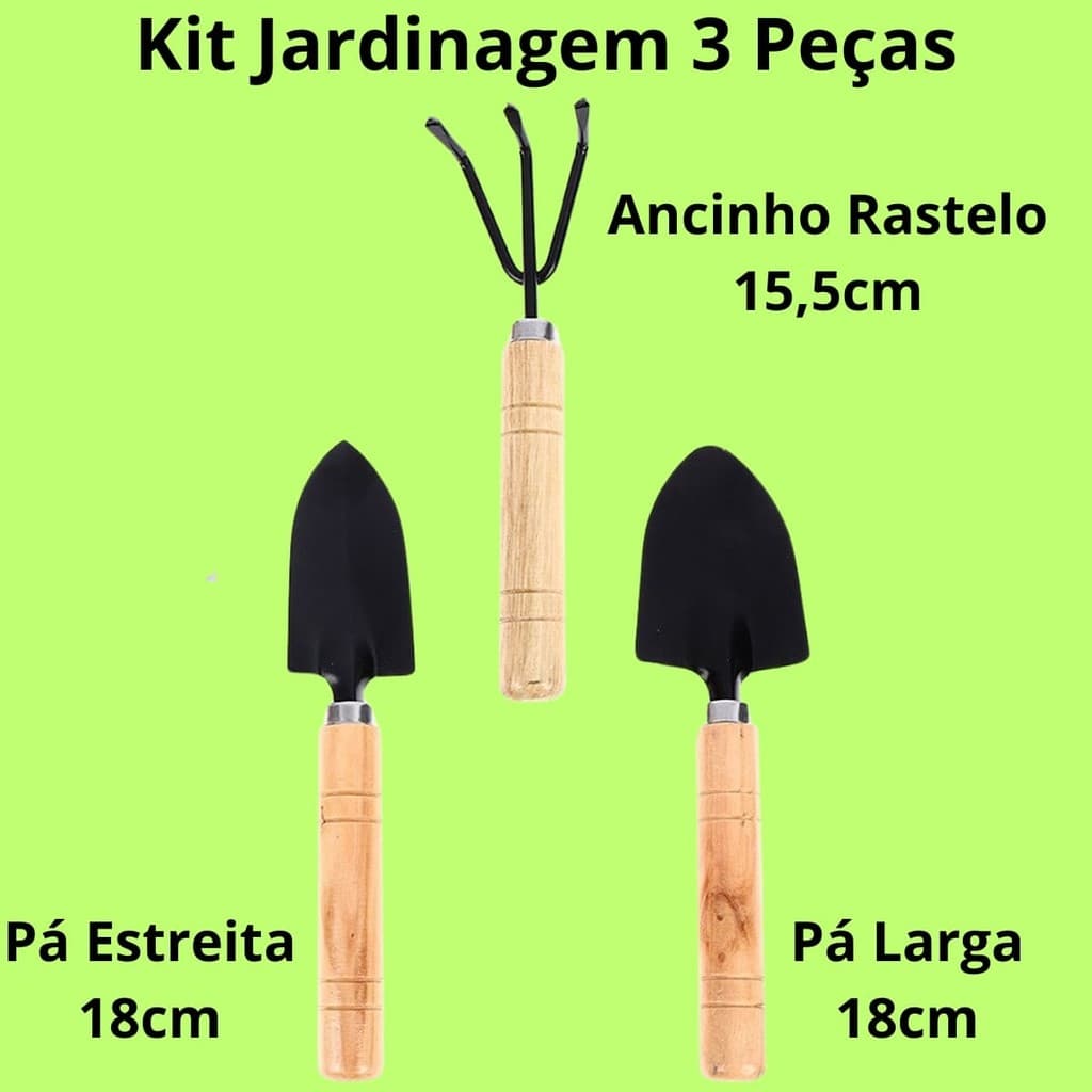 Kit 3 Ferramentas para Jardinagem Cuidados com Vasos e Jardins: Pá Estreita Pá Larga Ancinho Rastelo