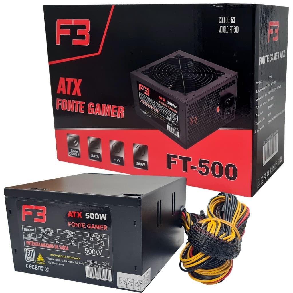 Fonte 500w F3 Bivolt Atx 80 Plus Cooler 12cm E Cabo De Força Cor Preto