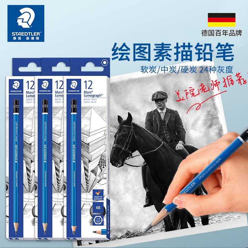 Lápis Staedtler 100 Blue + Lápis de Desenho 100B, Conjunto Completo de Carvões Macios 12B, Para Desenho/Carvão de Estuda