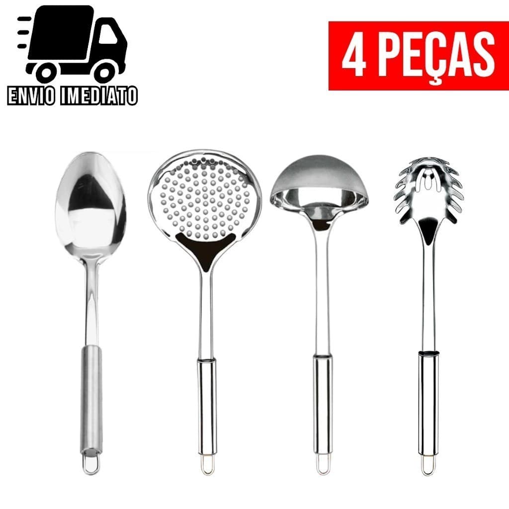 Kit Colher de Arroz Concha de Feijão Pegador de Massas e Escumadeira Inox Utensílios Cozinha 4 Peças