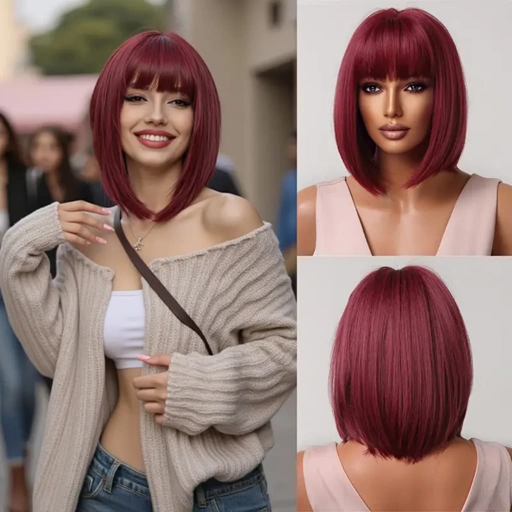 Peruca Bob Vermelho Vinho Com Franja Fibra Bio Organica 30cm 180g TOP HAIR MAYA