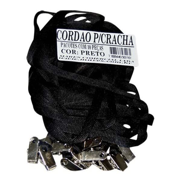 CORDÃO P/ CRACHÁ TECIDO PRETO C/PRESILHA JACARÉ - PCT C/10