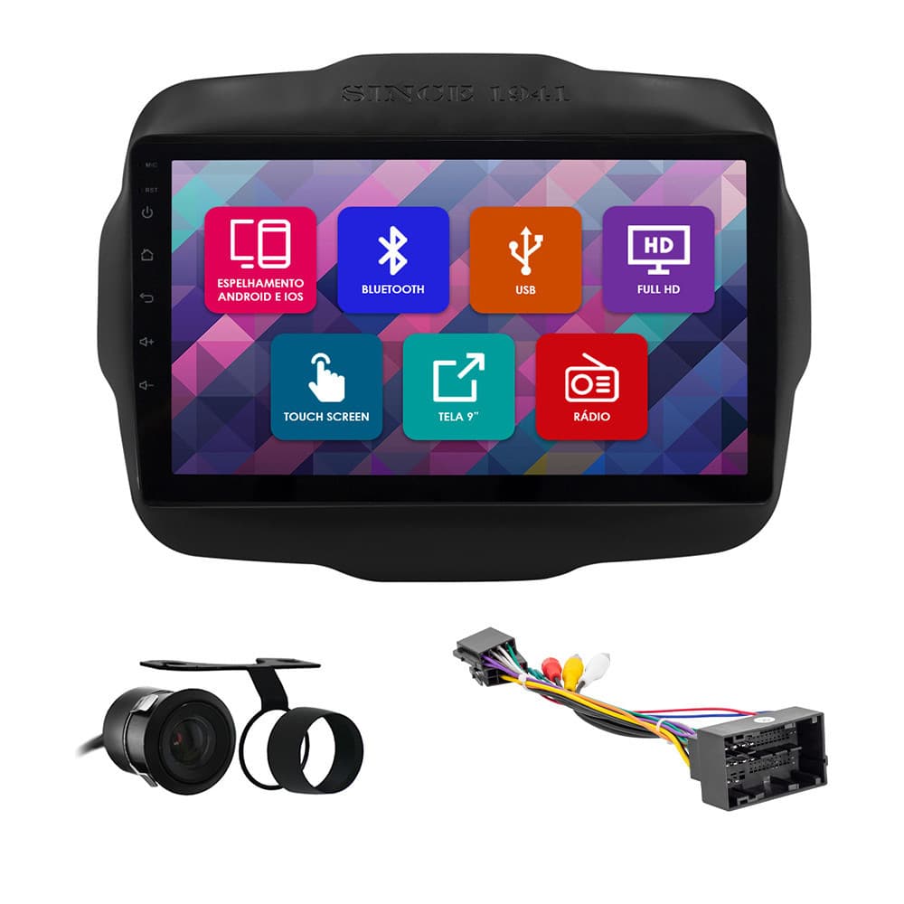 Kit Multimídia 9 Pol Renegade Since 1941 2015 16 17 A 2023 Espelhamento Android Ios 2 Din Preto Camera Ré