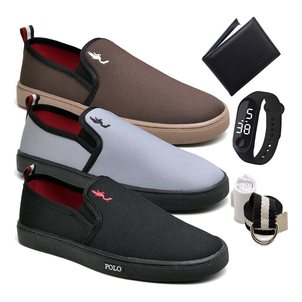 Kit 3 Pares Slip On Masculino Sapatenis Tenis + Relogio Digital + Carteira + Meia + Cinto