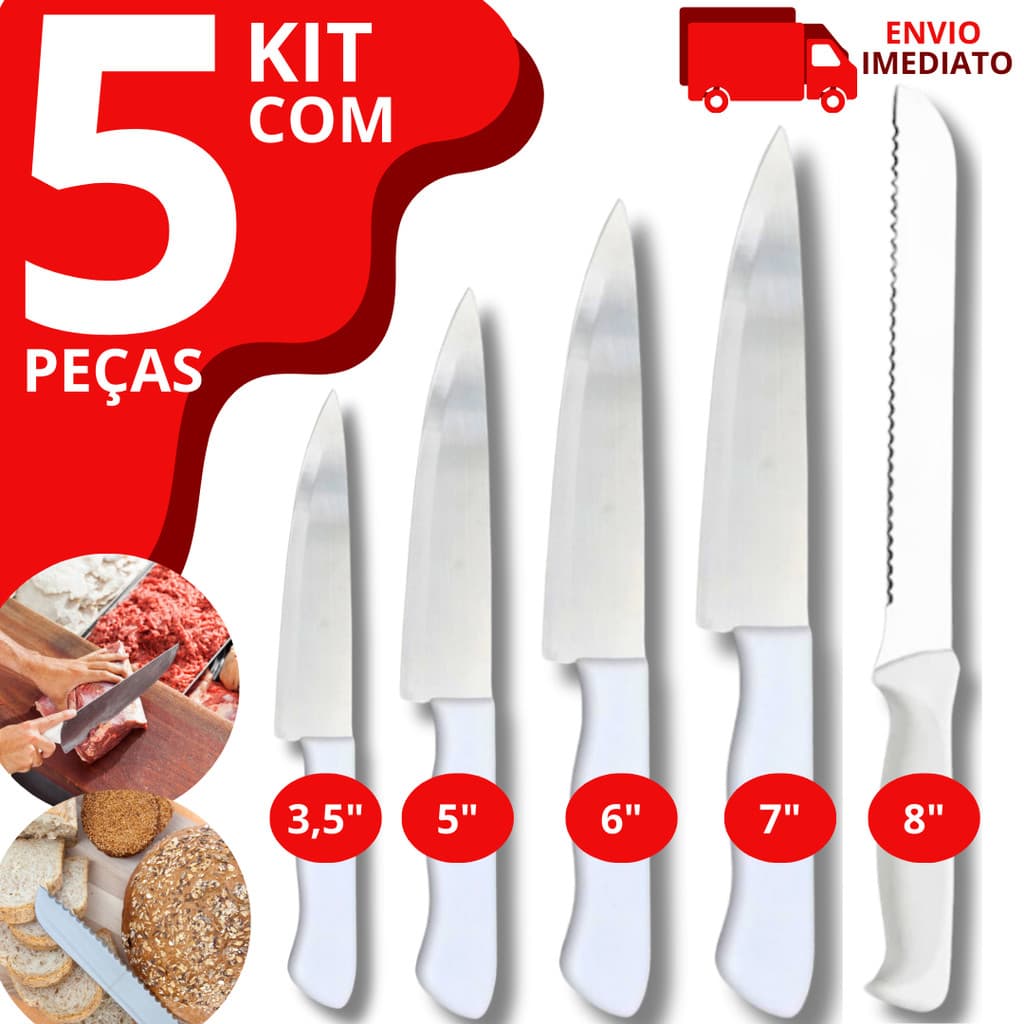 Kit 5 Faca De Cozinha Inox Peixeira Do Chef Com Cabo Branco 8' 7' 6' 5' 3,5' Polegadas Profissional