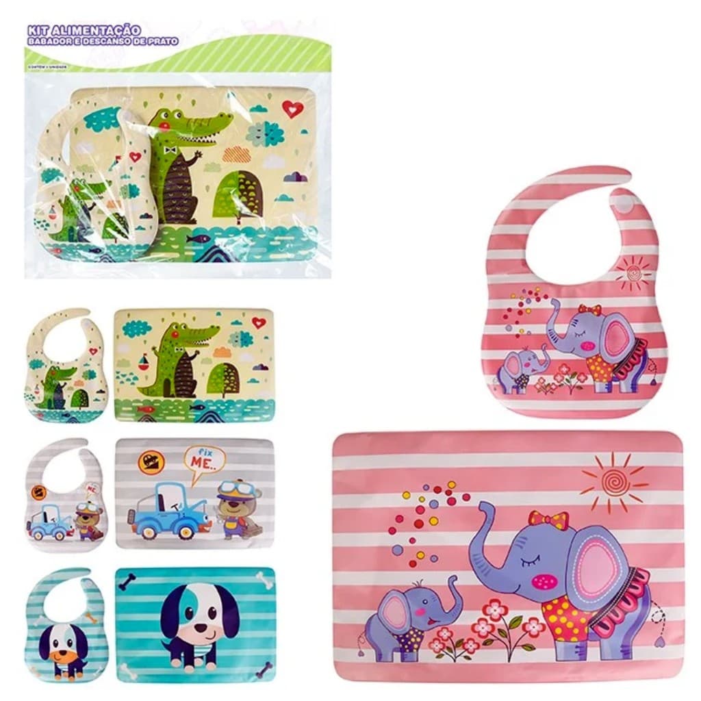 Kit Descanso de Prato + Babador Infantil Animado Colorido
