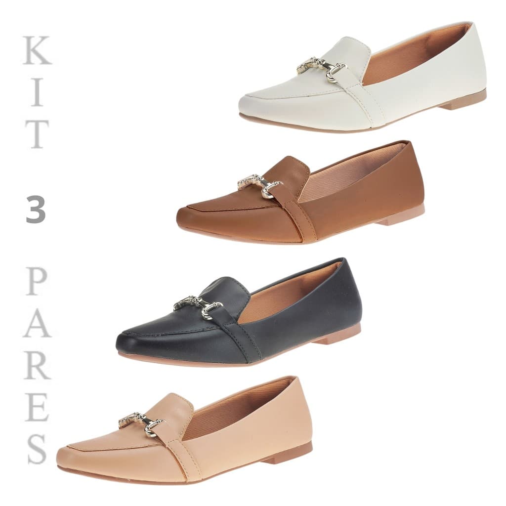 Sapatilha Feminina Bico Quadrado Elegante Macia Casual Kit 3 Pares Mocassim Sapato Rasteiro 160