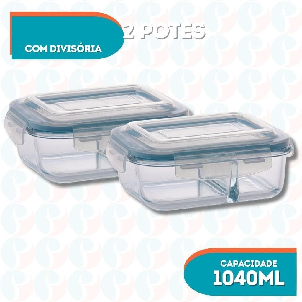 Kit 2 Pote Hemertico Vidro Com Divisoria Mantimentos -1040ml