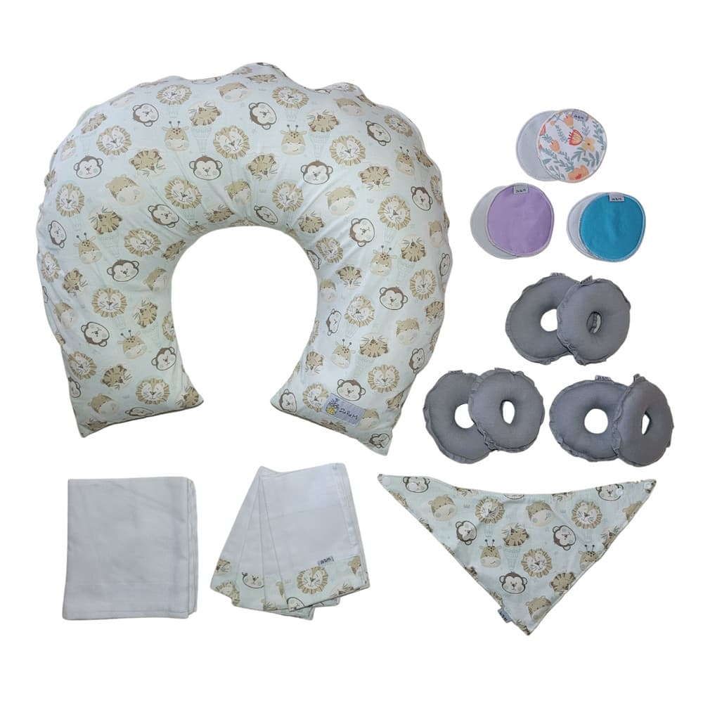 Kit Amamentação Completo: Almofada, Rosquinha, Absorvente, Toalha de Boca e Fralda de Pano