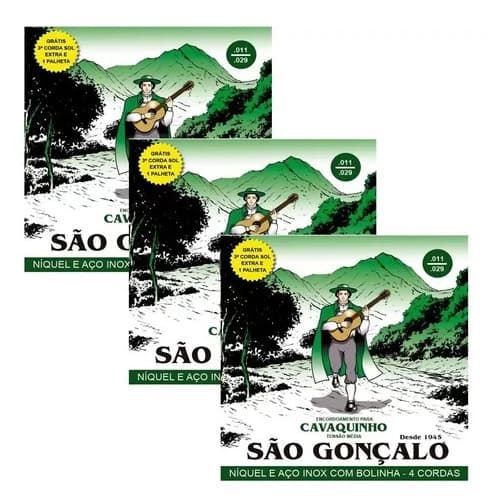 KIT 3 ENCORDOAMENTOS PARA CAVACO SÃO GONÇALO NÍQUEL COM BOLINHA TENSÃO MÉDIA- JOGO DE CORDAS +3° SOL+PALHETA