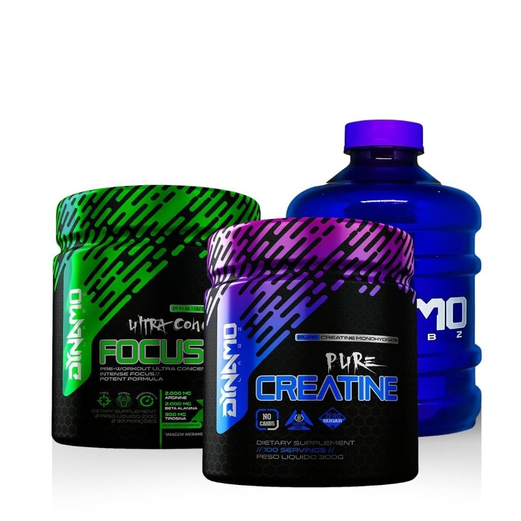 Kit Creatina 100% Pura 300g + Pré-treino Focus-9 210g + Galão ou Coqueteleira