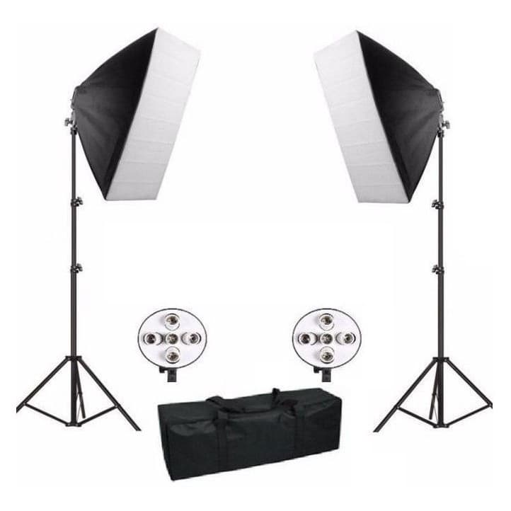 Kit Softbox 50x70cm Iluminação Com Soquete Quadruplo Tripé Até 2 Metros Bolsa Transporte