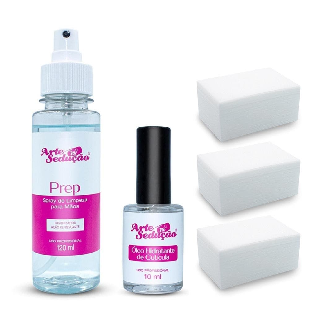 Kit Prep 120ml + Algodão Prensado 540un + Óleo Cutícula 10ml Unhas Manicure Gel Fibra de Vidro