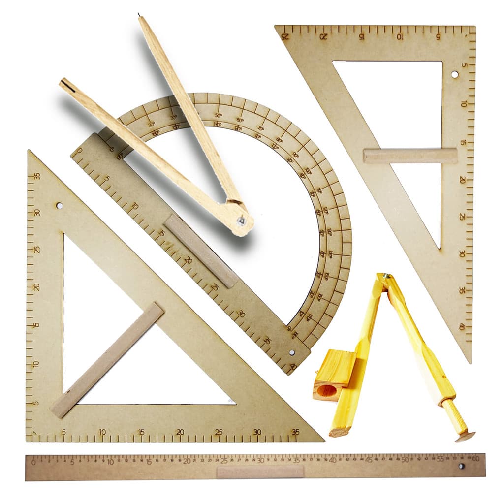 Kit Geométrico Prof. Mdf C/Régua 1M Compasso Quadro Branco Compasso Giz Esquadro 30/60° Esquadro 45° e Transferidor 180°