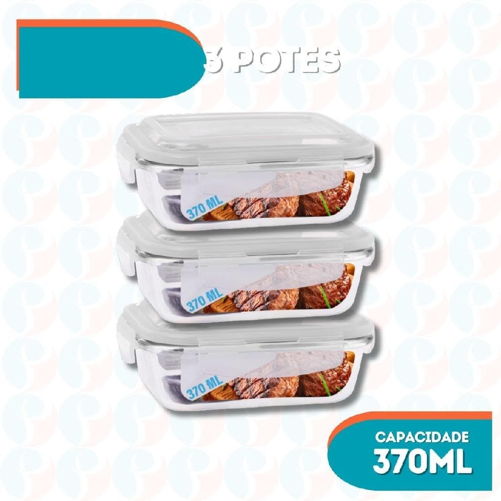 Pote de Vidro 370ML Vai ao Forno e Microondas C/Tampa 3 Unid