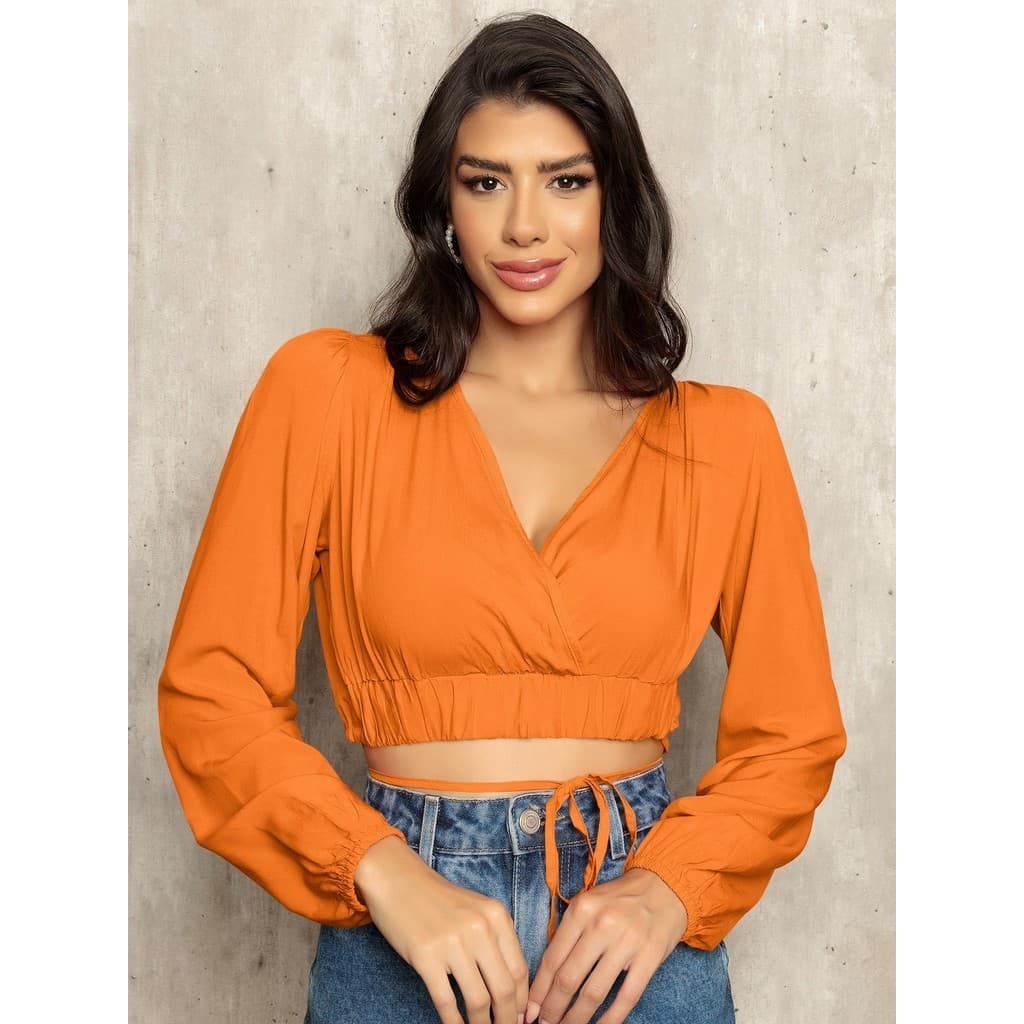 Cropped Com Manga Longa Elastico e Amarração Na Cintura