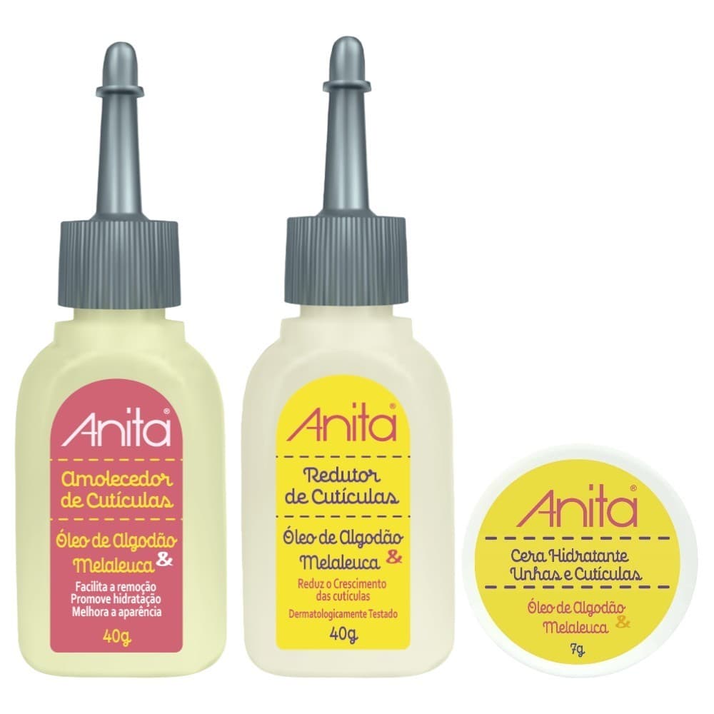 Kit Amolecedor de cutículas + Redutor de cutículas Óleo de algodão 40ml + Cera Hidratante Óleo de algodão 7g Anita