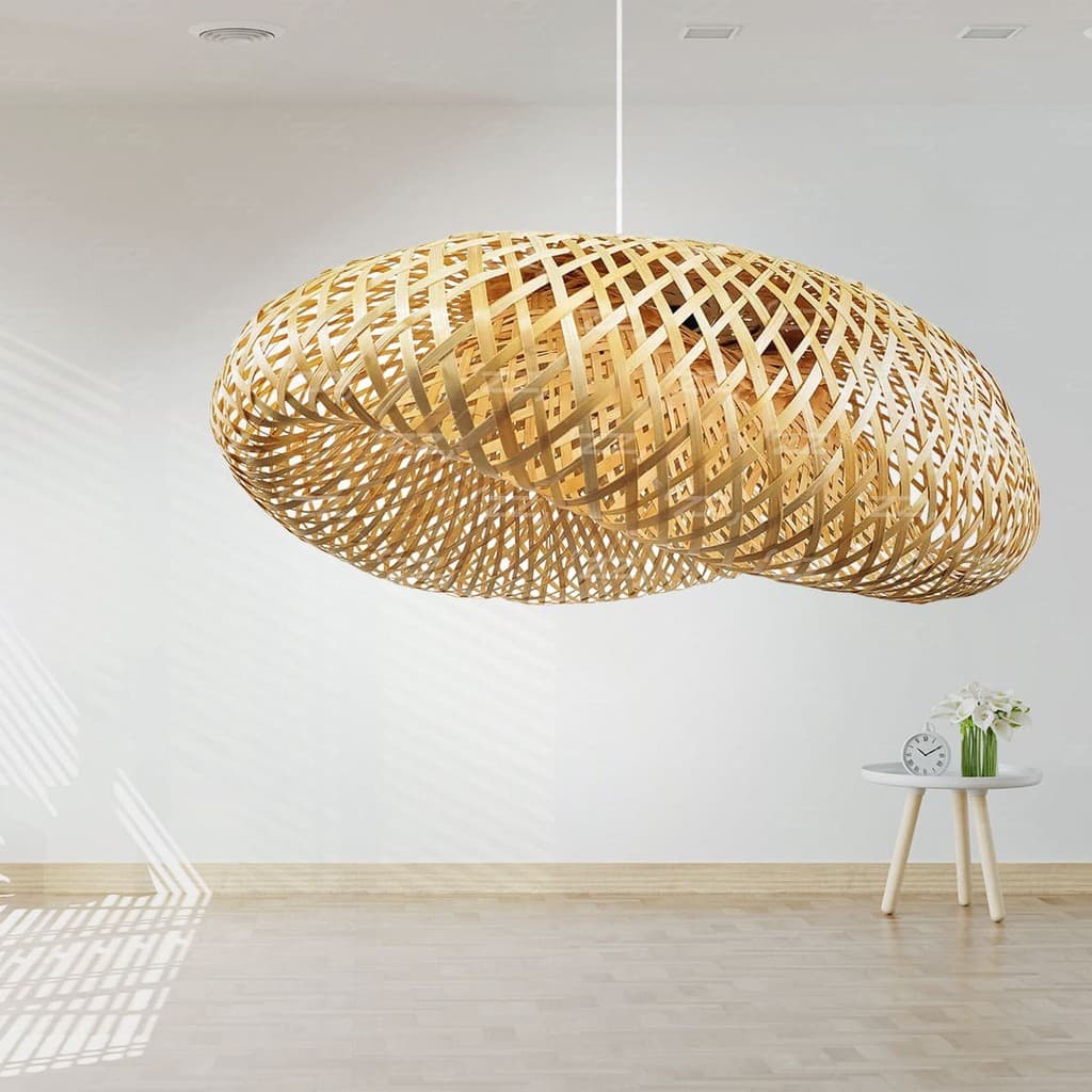 Luminária de Teto Lustre Pendente Bambu Honolulu Rústico 40cm Artesanal Sala Cozinha Fio Branco 2m