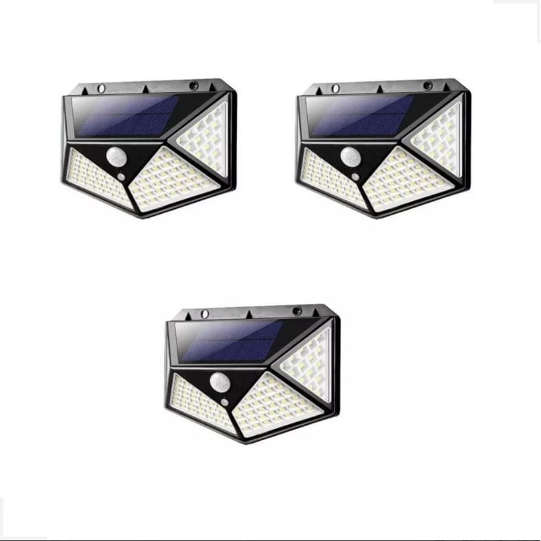 Kit 3 Luminária Solar 100 Led Nova energia Sensor Presença Parede Externa
