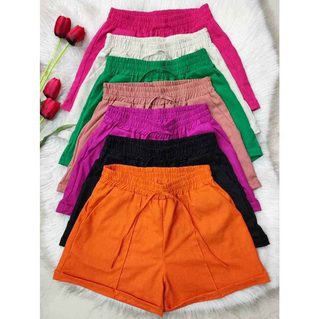 Shorts Linho Feminino com Barra e Bolso Verão Cintura Alta Casual Praia Versátil