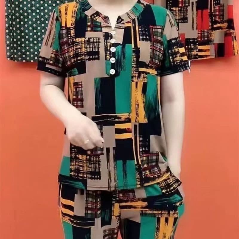 Moda verão seda gelo idosos de meia-idade cobrindo carne terno de duas peças de manga curta St