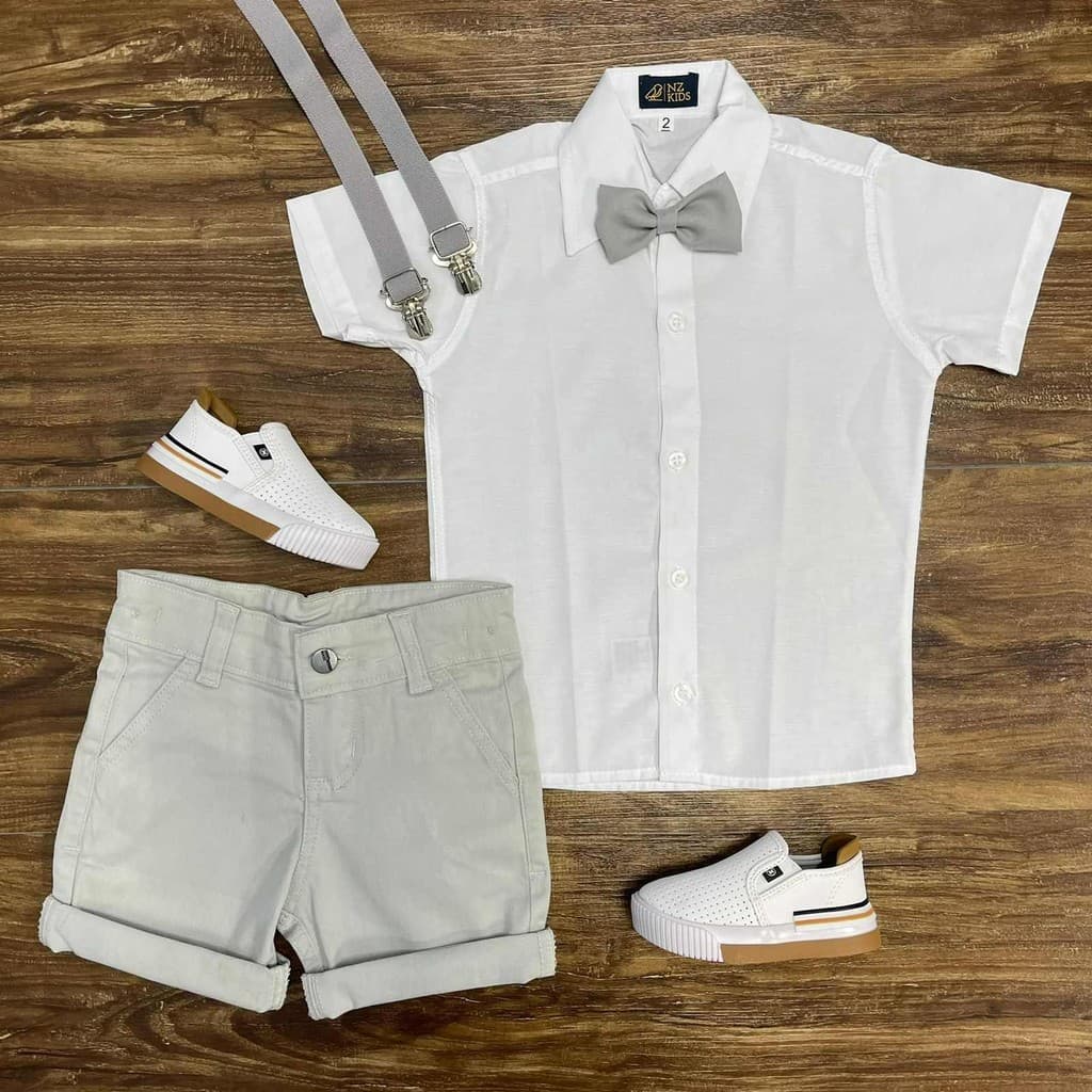 Conjunto Roupa Social Branco Cinza Bermuda Camisa Batizado Formatura Casamento Pajem Infantil