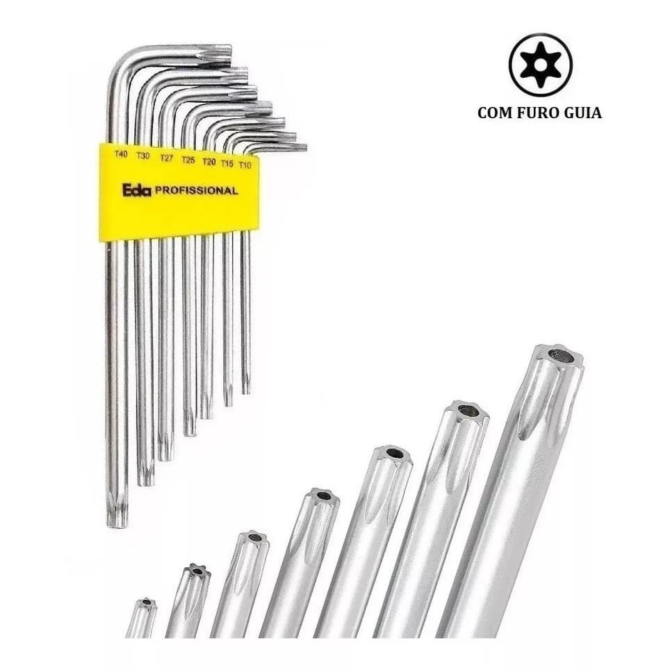 Jogo Kit De Chave Torx Tipo L 7 Pçs Com Furo Cromo Vanadium