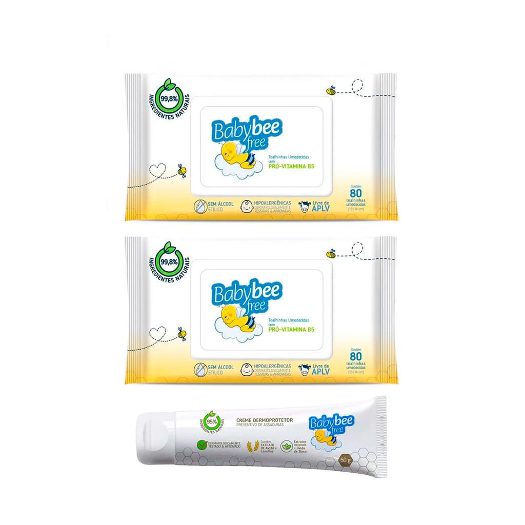 Baby Bee Kit 3un - 2un  Toalhas Lenços umedecidas com 80un + 1un Pomada para Assaduras 60g