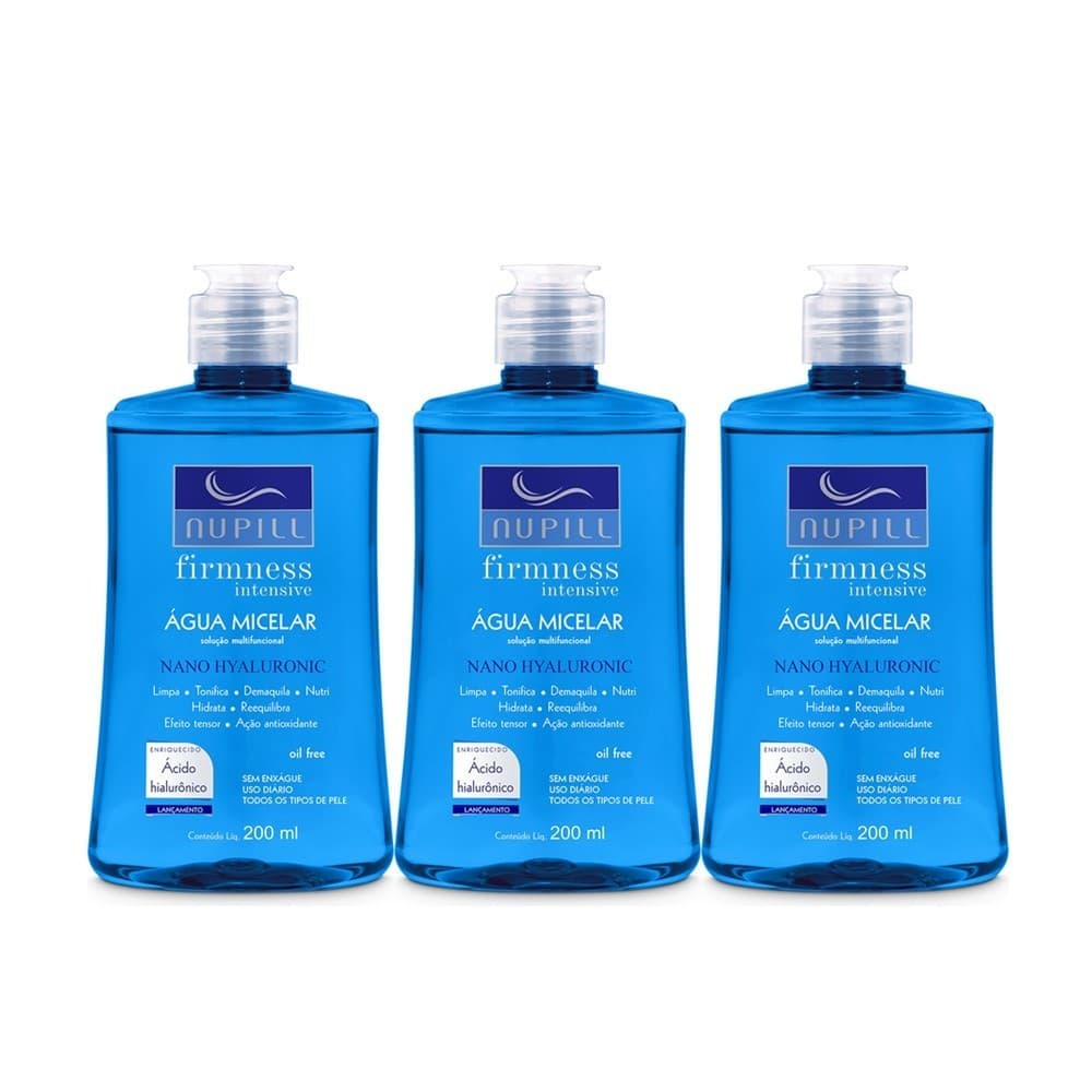 Kit 3 Águas Micelar Facial Demaquilante Nano Hyaluronic Antioxidante Nupill 200ml