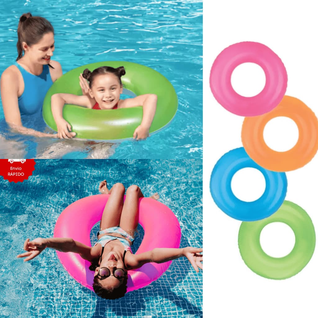 Kit 2 Boias de Piscina Infantil e Adulto 60cm Inflável Decoração Verde Rosa Azul Laranja