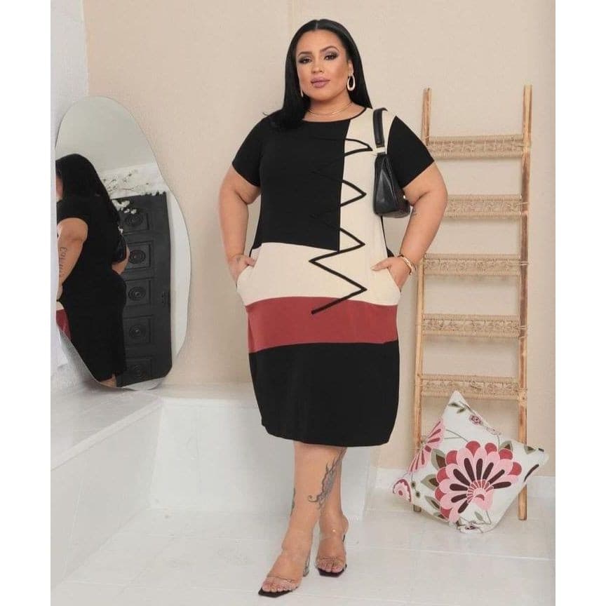 Vestido Saia Lindo Plus Size Manga Curta Gola U Sem Decote Evangélico Longo Confortável Bicolor Longo
