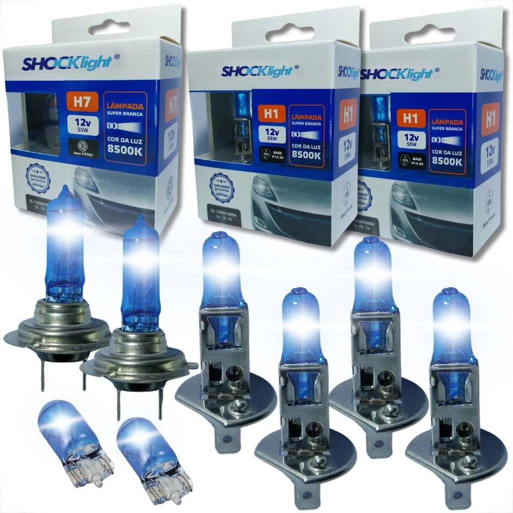KIT DE LÂMPADAS SUPER BRANCA PARA FAROL ALTO BAIXO MILHA E LANTERNA H1 H7 E T10
