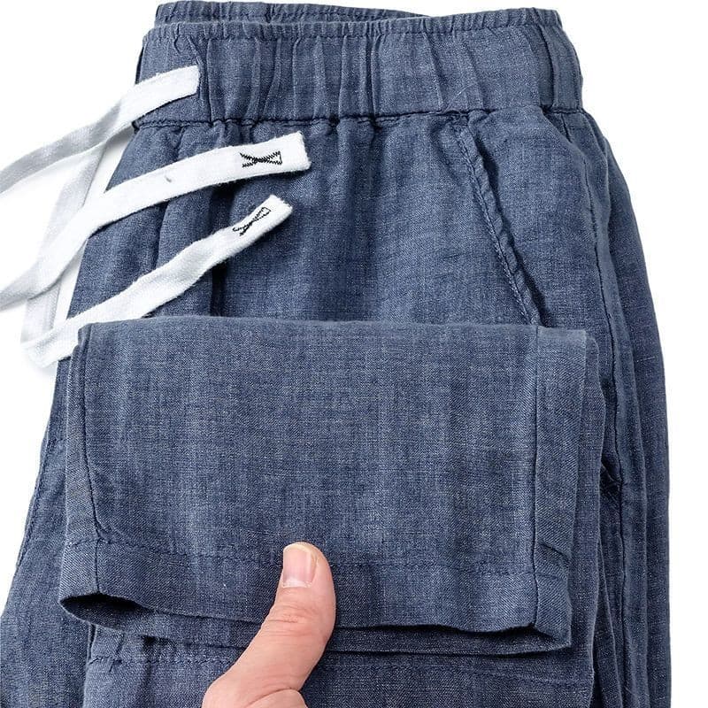 Linho respirável cinza azul calças verão fino cor sólida simples calças casuais masculinas