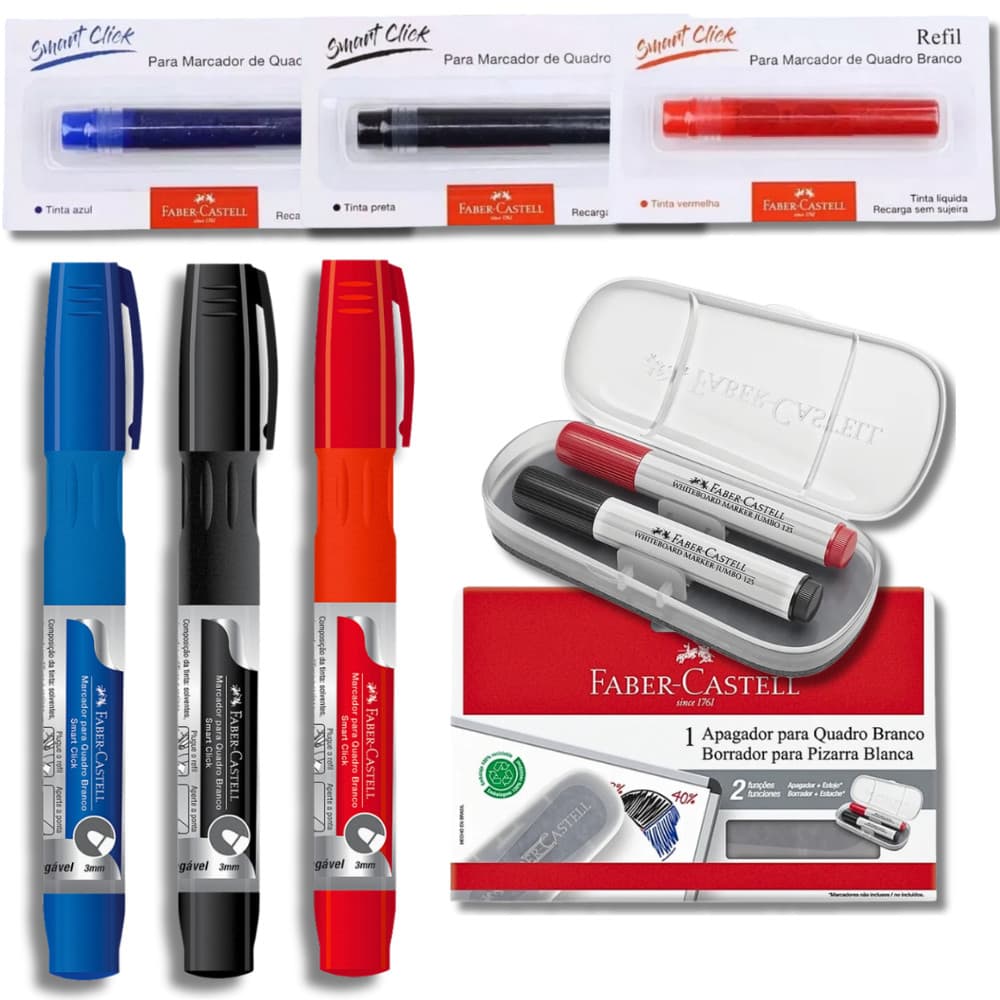Kit 3 Marcadores Quadro Branco Recarregável + Refil + Apagador FABER-CASTELL Azul, Preto e Vermelho