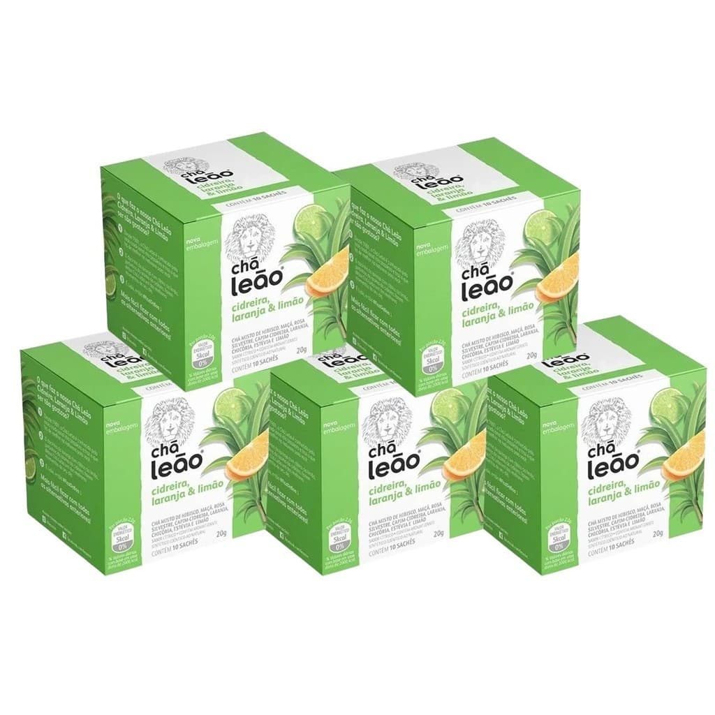 Kit 5 Chás Leão Cidreira, Laranja e Limão com 10 Sachês Linha Frutas e Flores Leão