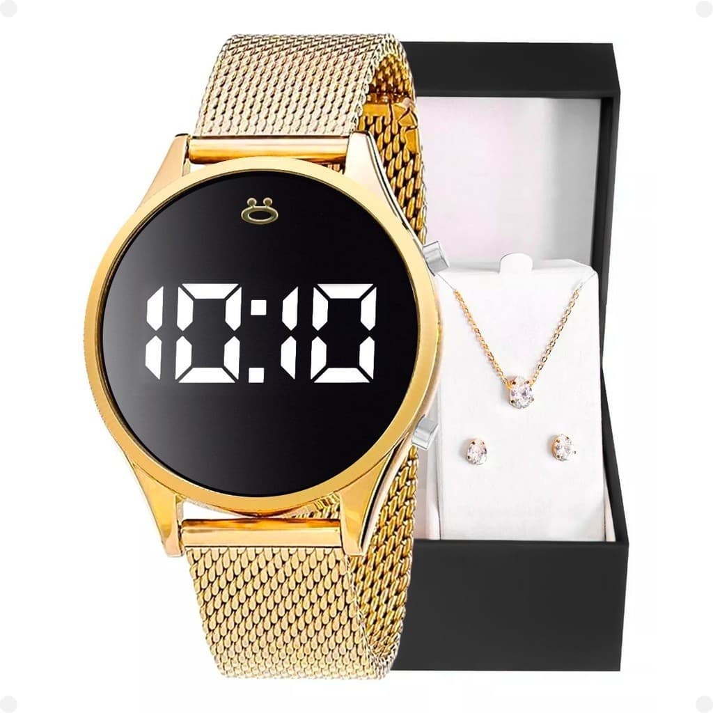 relogio feminino digital dourado + brincos aço inoxidavel silicone moda led ajustavel academia
