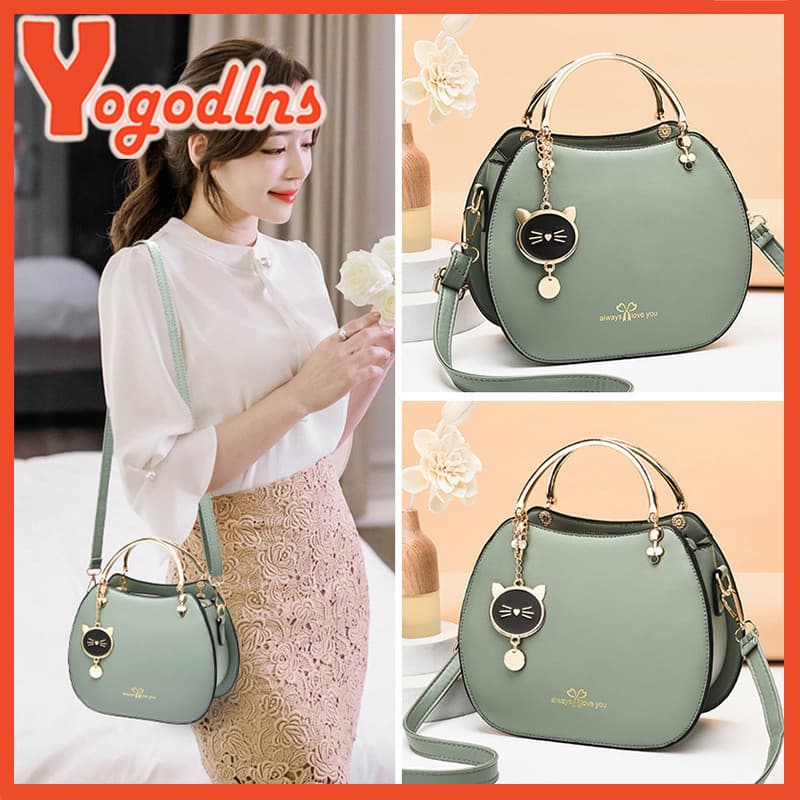 Bolsa Horizontal de Couro PU para Mulheres Yogodlns com Pendente de Gato Vintage, Bolsa de Ombro de Cor Sólida